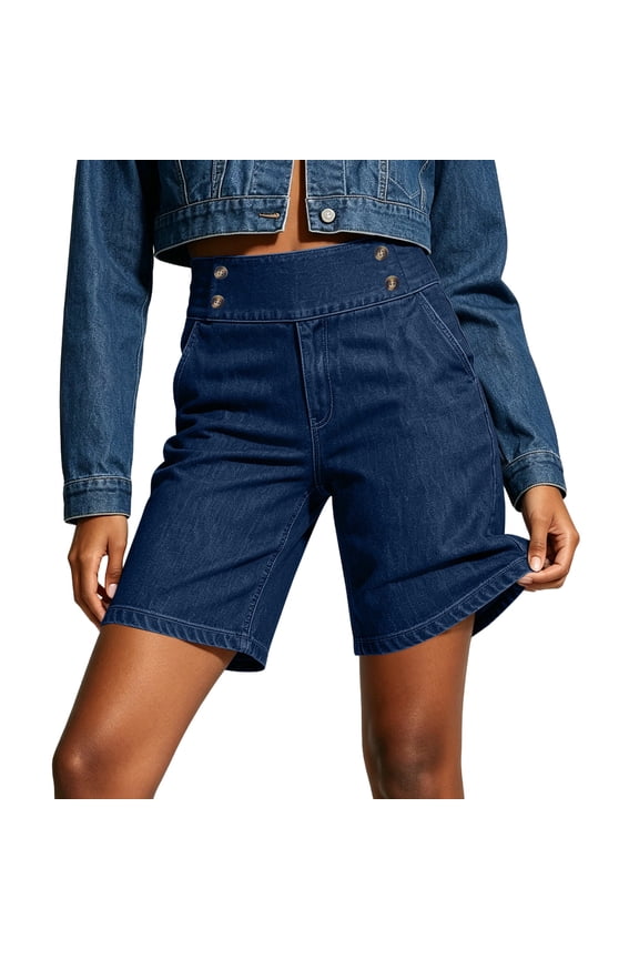 Womens Jean Shorts High Waisted Denim Bermuda Shorts Pull On Elastic Waist Summer Casual Stretchy Denim Jorts