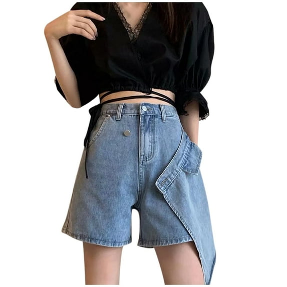 Womens Jean Shorts High Waisted Spicy Solid Work Clothes Glare Trendy Skirts Blue Short Pants Sizes S