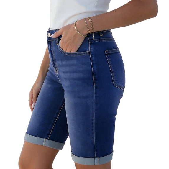 Womens Jean Shorts High Waisted Stretchy Bermuda Shorts Summer Casual Cuffed Hem Denim Short Button Elastic Waist Short Pant with Pockets