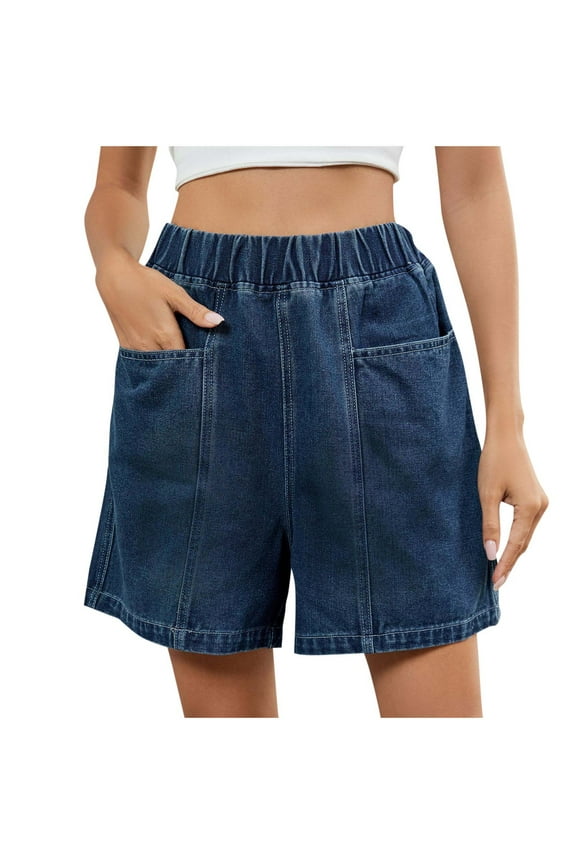 Womens Jean Shorts High Waisted Summer Stretchy Casual Pull On Beach Elastic Waist Bermuda Denim Shorts with Pockets
