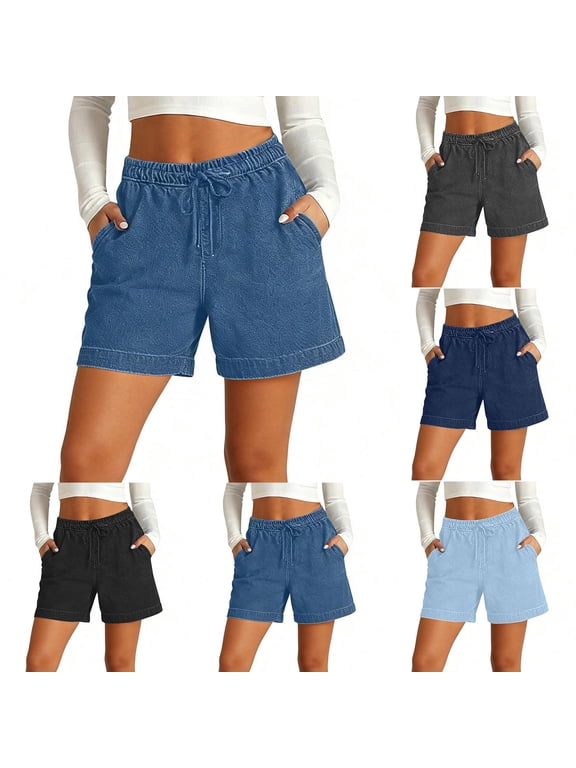 Womens Jean Shorts High Waisted Summer Stretchy Casual Pull On Beach Elastic Waist Denim Shorts with Pockets