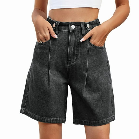 Womens Jean Shorts Knee Length Trendy Y2k High Waisted Wide Leg Casual Summer Shorts with Pockets Black & Gray L