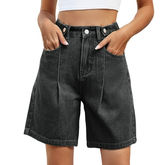 Womens Jean Shorts Knee Length Trendy Y2k High Waisted Wide Leg Casual Summer Shorts with Pockets Black & Gray M