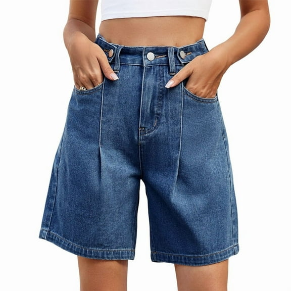 Womens Jean Shorts Knee Length Trendy Y2k High Waisted Wide Leg Casual Summer Shorts with Pockets Dark Blue XL