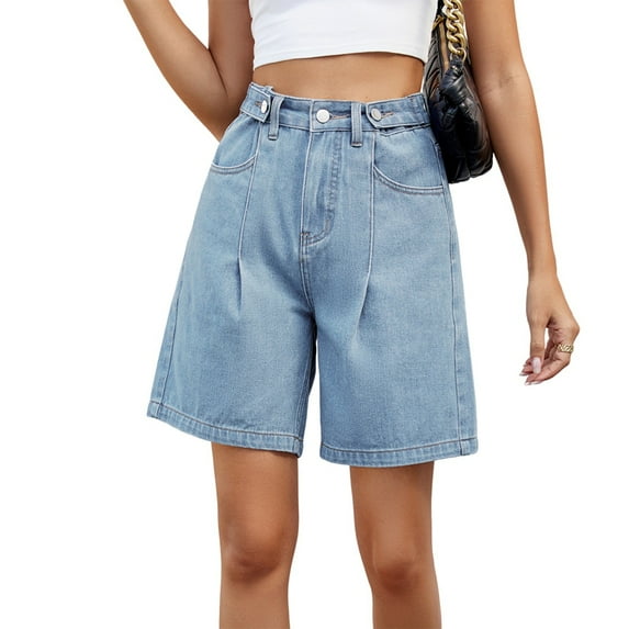 Womens Jean Shorts Knee Length Trendy Y2k High Waisted Wide Leg Casual Summer Shorts with Pockets Light Blue S