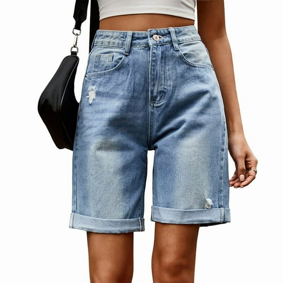 Womens Jean Shorts Knee Length Trendy Y2k High Waisted Wide Leg Casual Summer Shorts with Pockets Light Blue XXL