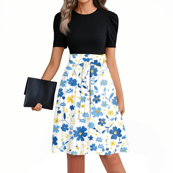 Mlqidk Work Dresses for Women 2025 Puff Sleeve Work Teacher Dress Floral Print Cute Tie Waist Long Shirt Dresses Plus Size Office Attire Sky Blue S