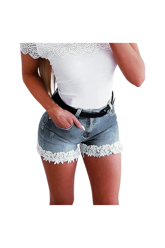 Womens Jean Shorts Stretch Denim Women's Slim Shorts Thin Elasticity with Zipper Was Lace Women's Jeans