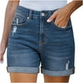 thumbnail image 1 of Womens Jean Shorts Stretchy High Waisted Ripped Denim Shorts Trendy Distressed Folded Hem Short Concert Outfit, 1 of 8