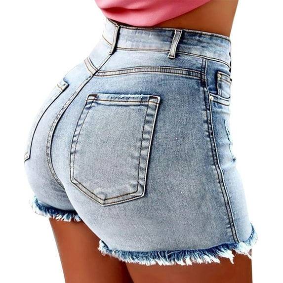 Womens Jean Shorts Stretchy High Waisted Solid Tassel Fringed Hole Trendy Jeans Light Blue Summer Hot Raw Hem Casual Shorts XXXXL