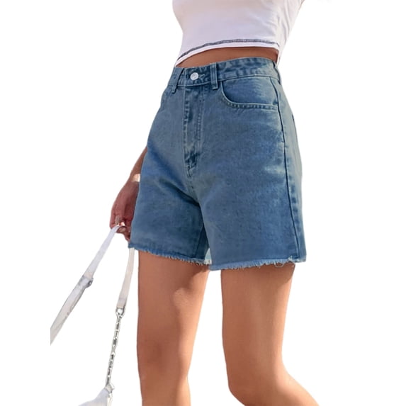 Womens Jean Shorts for Denim Casual Summer Mid Waist Frayed Stretchy Ripped Middle Blue M