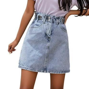 Womens Jean Skirts High Waisted Trendy Stretchy Mini Button Front Short Denim Pencil Skirt with Patch Pockets Blue L