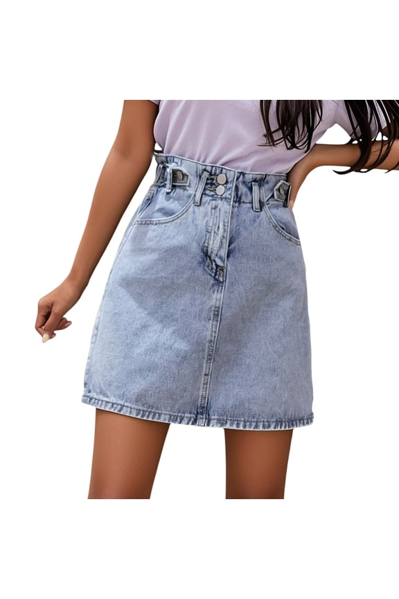 Womens Jean Skirts High Waisted Trendy Stretchy Mini Button Front Short Denim Pencil Skirt with Patch Pockets Blue S