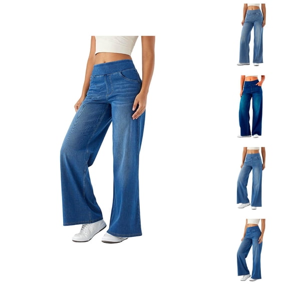 Women Jeans 2026 Trendy Wide Leg Loose Fit Straight Leg Stretchy High Waisted Denim Pants with Pockets