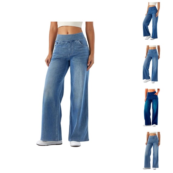 Womans Jeans 2026 Fashion High Waisted Stretchy Straight Leg Loose Fit Wide Leg Denim Pants with Pockets
