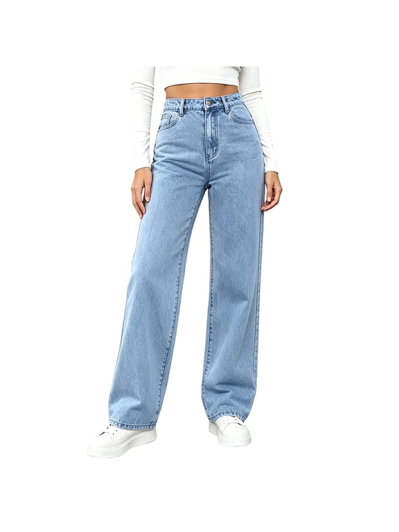 Womens Jeans Baggy High Waist Straight Wide Leg Pants Stretchy Denim, Tummy Control,Solid Color,Boyfriend Fit, with Pockets,Loose,Regular,Casual Trendy,Petite Pants,Daily Wear