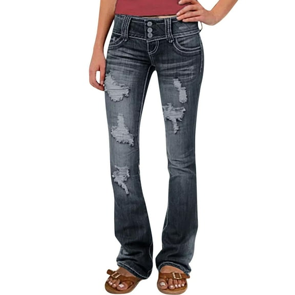 Womens Jeans Cotton Stretchy Heart Printed Ripped Distressed Flare Fashionable Denim Pants Ladies Casual Jeans