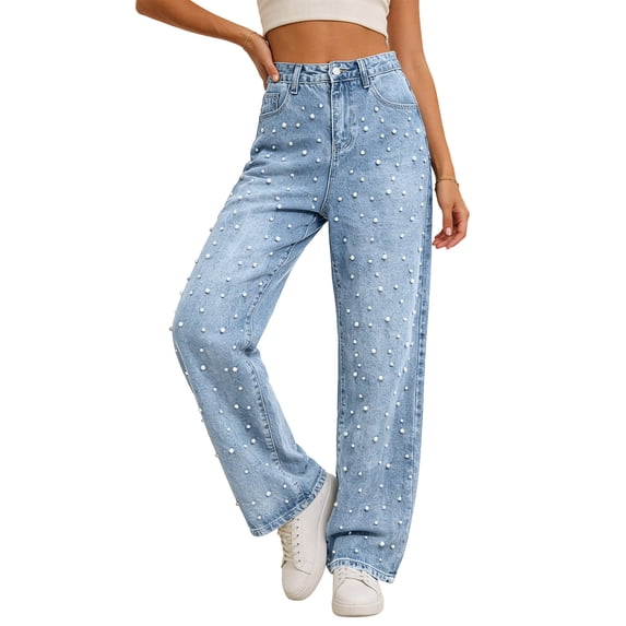 Womens Jeans Distressed Denim Trousers with Beaded Embellishments Relaxed Fit High Waist Wide Leg Casual Solid Blue L