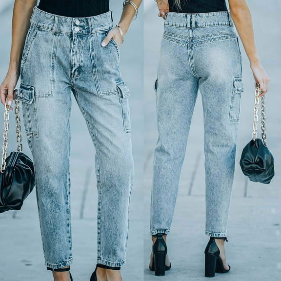 Womens Jeans Fashion Mid Waisted Stretchy Straight Ankle Solid Straight Leg Casual Jean Trousers Blue M