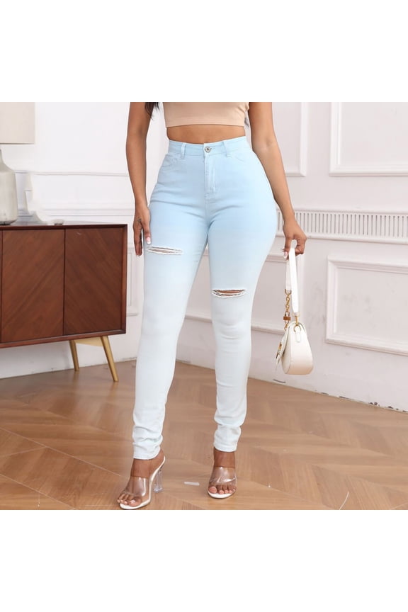 Womens Jeans Fashionable Slim Elastic Lifting Buttocks Bleached Blue And White Gradient Ripped Jeans Denim Pants For Women Light Blue,6