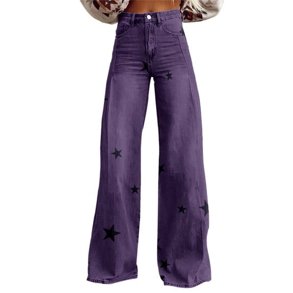 Womens Jeans High Waisted, Comdrip Women's Spring Autumn Flower Print Casual Wide Leg Pants Jeans Women Purple 2XL