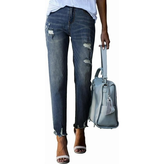 Womens Jeans High Waisted Stretchy Ripped Distressed Tummy Control Straight Ankle Jean for Women Trendy