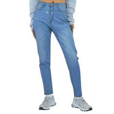 Womens Jeans Hole Button Zipper Pocket Casual Denim Flares Wide Leg Slim Navy Pants Sizes S