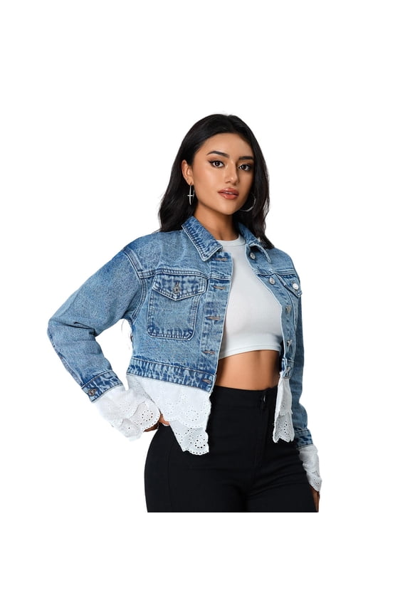 Womens Jeans Jacket Cropped Lace Trimmed Patchwork Lapel Button Down Short Denim Slim Fit Casual Coat Jacket for Spring and Fall