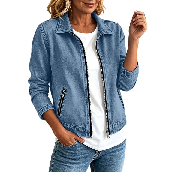 Womens Jeans Jacket Solid Color Lapel Zipper Denim Casual Outerwear Jacket for Spring and Fall