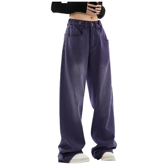 Womens Jeans Loose Straight Leg Wash High Waisted Floor Length Wide Leg Purple Pants Sizes M