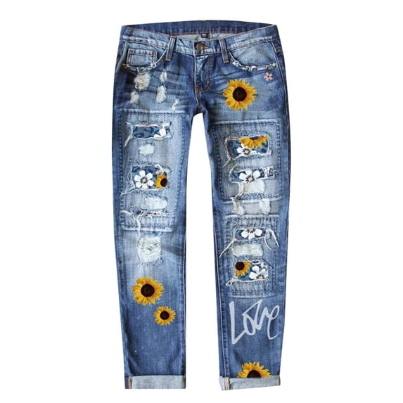 Womens Jeans New Street Printed Perforated Straight Relaxed Fit Durable Daily Breathable Trendy Cropped Blue Denim Shorts Sizes 2XL