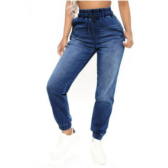 Womens Jeans Petite Medium Waist High Elasticity Thin Washed Jogger Drawstring Pants for Women