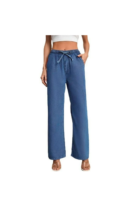 Womens Jeans Petite Solid High Straight Waist Drawstring with Pocket Trousers for Women