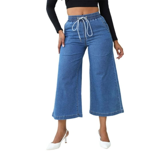 Womens Jeans Petite Stretch Cropped Straight Capri Wide Leg Drawstring with Pocket Pants for Women