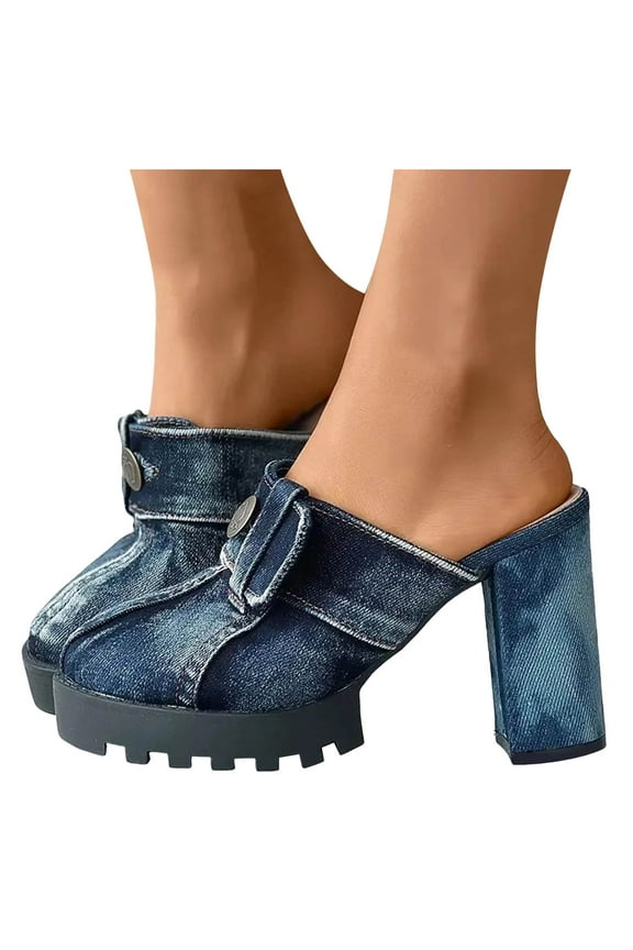 Womens Jeans Platform Mules High Heels Retro Casual Denim Chunky Pumps Summer Closed Toe Clogs Slides Sandals