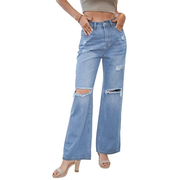 Womens Jeans Ripped Denim Pants Wide Leg Baggy Boyfriend Streetwear Long Denim Trousers