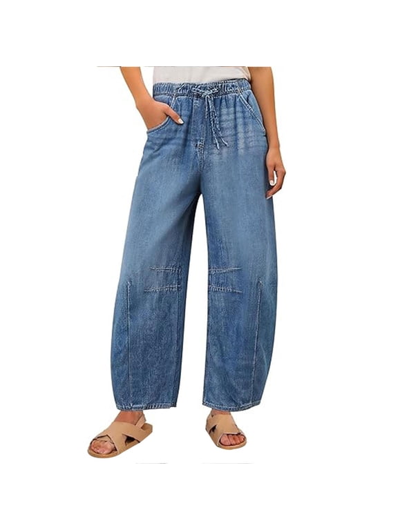 Womens Jeans Sevevn Women Barrel Jeans High Waisted Wide Leg Drawstring Denim Pants Loose Trouser Jeans With Pockets