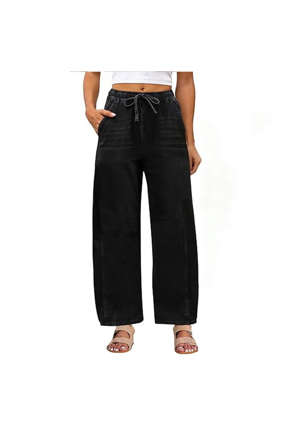 Womens Jeans Sevevn Women Barrel Jeans High Waisted Wide Leg Drawstring Denim Pants Loose Trouser Jeans With Pockets