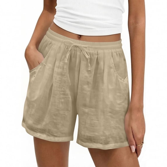 Womens Jeans Shorts Breathable Linen Shorts Womens Drawstring Elastic Waist Flowy Boho Shorts with Pockets Loose Fitting for Summer Beach Casual Wear Khaki XXL