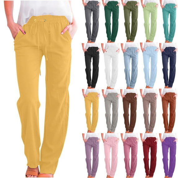 Womens Jeans Solid Color Drawstring Cotton And Linen Elastic Trousers with Pocket Wide Leg Plus Size Denim Pants Yellow S-3XL