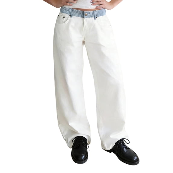 Womens Jeans Solid Color Straight Leg Denim Pants with Color Blocking Design Functional Pockets Casual Summer Seasons White L
