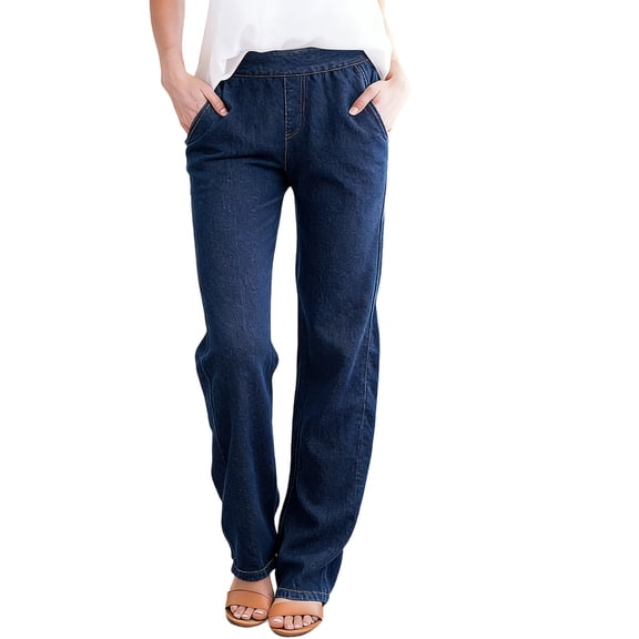 Womens Jeans Straight Leg Pull On for Women with Pockets High Waisted Elastic Baggy Stretchy Fashion Denim Pants Trendy