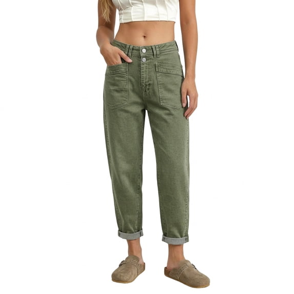Womens Jeans Stretch Mid Rise Straight Leg Jeans with Button Slant Pockets All Seasons Solid Green L