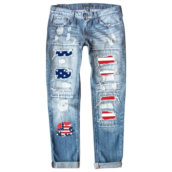 Womens Jeans Summer And Autumn Independence Day Print Ripped Pants Casual Fashion Jeans