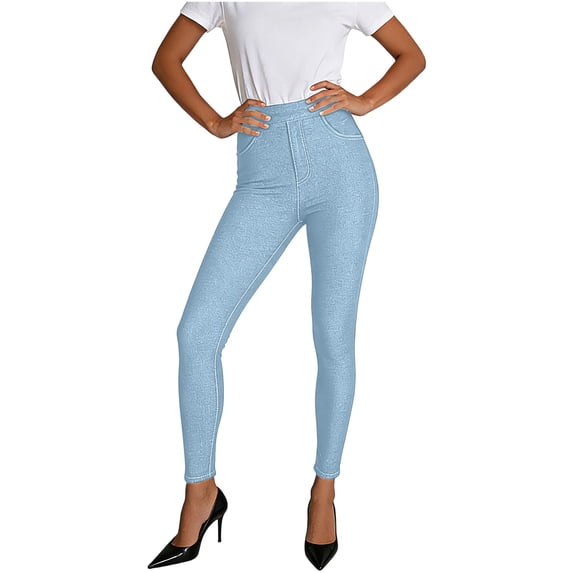 Womens Jeans Summer Elastic Waistband Solid Color Trendy Workout Gym leggings with pockets Light Blue S-3XL