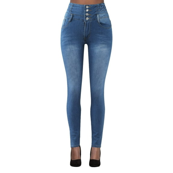 Womens Jeans Temperament High-Waisted Slim-Fit Stretch Four-Button Zppered Light Blue Pants Sizes M