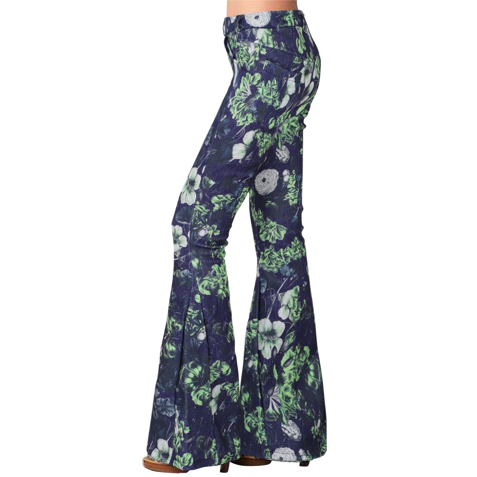 Womens Jeans Tights High Waist Floral Pattern Print Flared Trousers ...