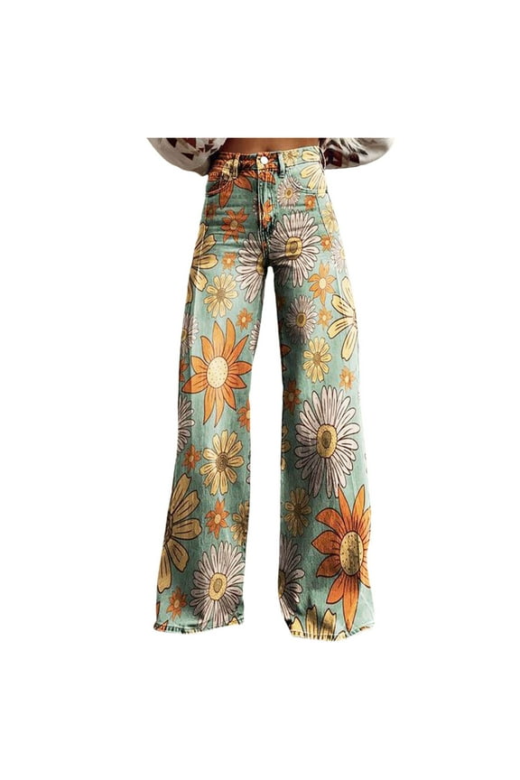 Womens Jeans Vintage Wide Leg Fashion High Waisted Denim 90S Floral Printed Pull On Baggy Denim Pants for Women