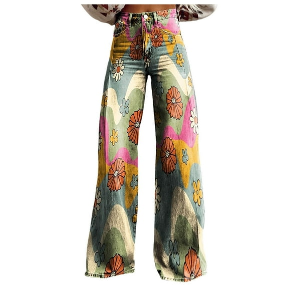 Womens Jeans Vintage Wide Leg Fashion High Waisted Denim 90S Floral Printed Pull On Baggy Pants for Women Jeans