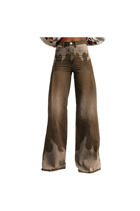 Womens Jeans Vintage Wide Leg Fashion High Waisted Denim 90S Floral Printed Pull On Baggy Womens Pants